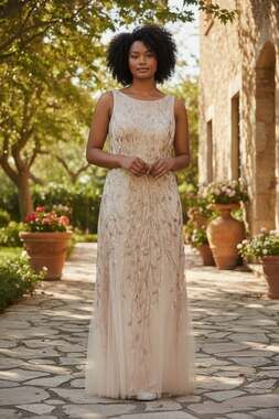 Boatneck Sleeveless Leaf Motif Sequin Beaded Mesh Gown